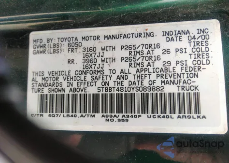 2000 Toyota Tundra Ltd V8 from USA, damaged, VIN 5TBBT4810YS089882